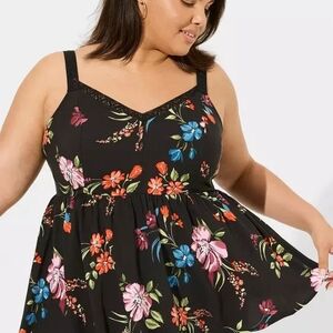 Torrid Floral Peplum Challis Lace Trim Tank | Sleeveless V-Neck Top Size 2